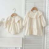 Arrival Autumn Baby Kids Girls Solid Color Flowers and Geometric Pattern Embroidery Long Sleeves Onesies and Dress – Princess Sister Matching Set - MyKids-USA™