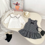 Arrival Spring Girls Long Sleeves Simple Top and Dots Pattern Sleeveless Dress Set Clothing Set