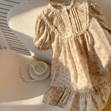 Summer Arrival French Flowers Pattern Short Puff Sleeves Dress for Stylish Girls