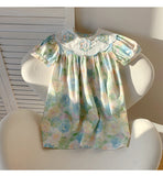 Summer Baby Kids Girls Short Sleeves Oil-Painting Flowers Pattern Dress