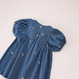 Summer Baby Kids Girls Denim Short Sleeves Flowers Pattern Embroidered Dress