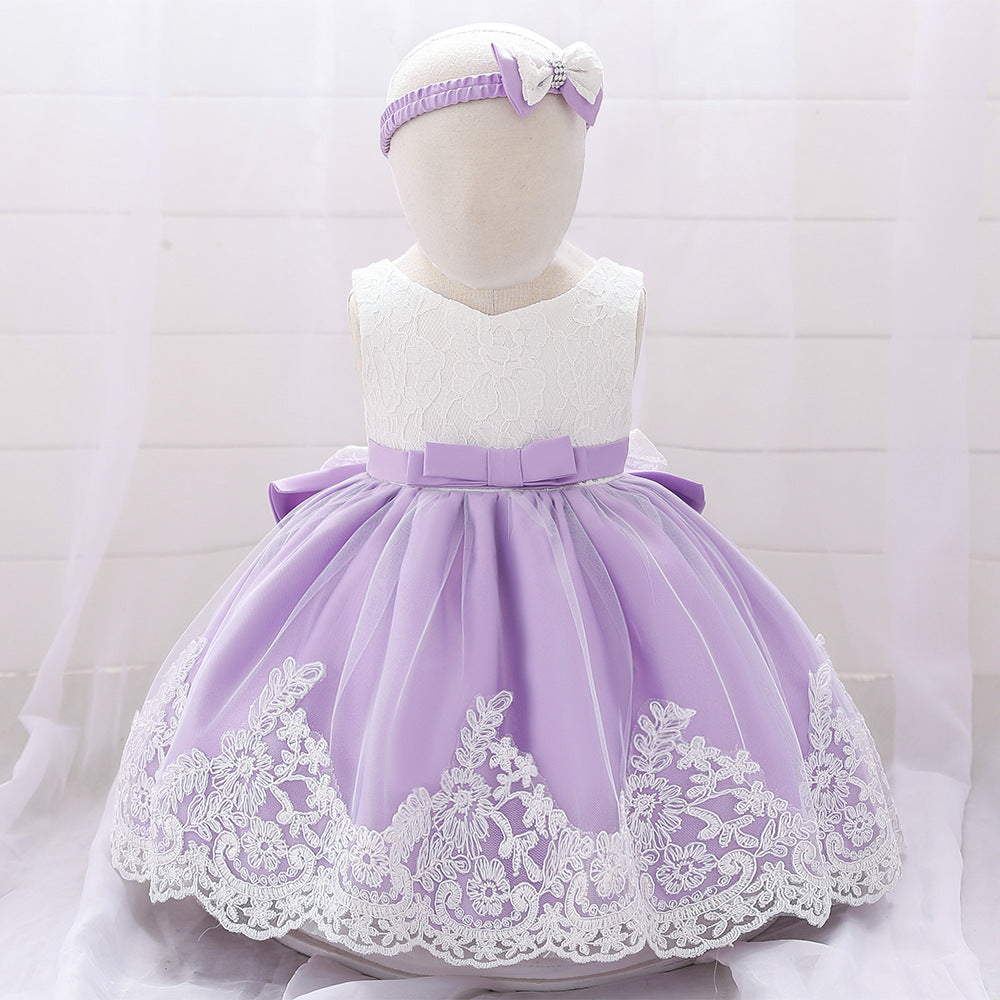 Baby Girl Floral Mesh Overlay Design Princess Full Moon Formal Dress & Headband - MyKids-USA™
