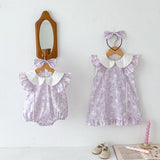New Arrival Summer Girls Flowers Pattern Fly Sleeves Peter Pan Collar Onesies And Dress – Sister Matching Clothing Set - MyKids-USA™