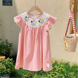 Summer Arrival Baby Kids Girls Cute Short Sleeves Flowers Pattern Embroidered Dress