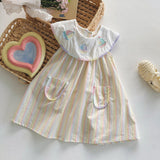 Summer Arrival Baby Kids Girls Sleeveless Boats Pattern Embroidered Striped Dress