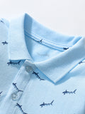Autumn Design Kids Fish Pattern Long Sleeves Blue Polo Shirt