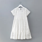 Girl Solid Color Hollow Carved Design O-Neck Gentle Dress - MyKids-USA™