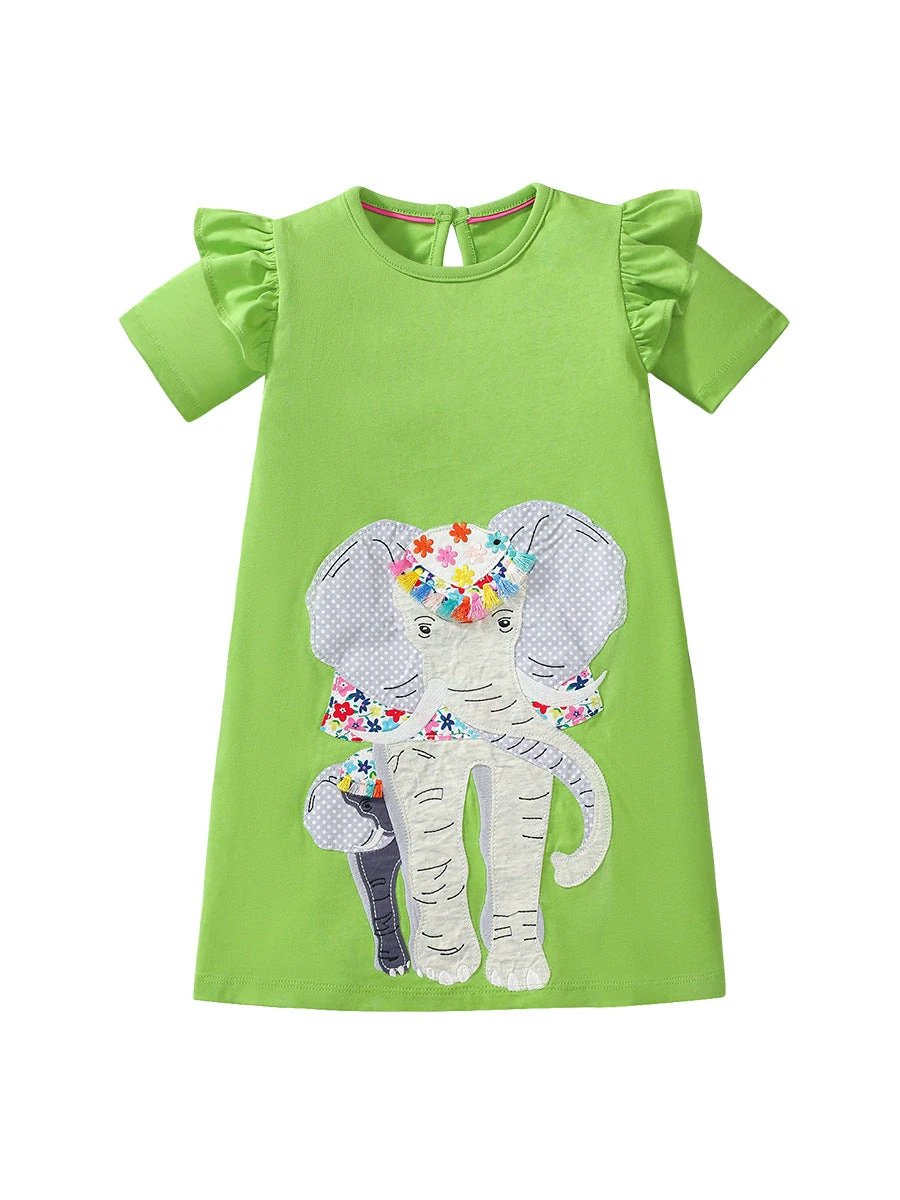 Summer Pure Cotton Animals Pattern Short-sleeved Green Dress for Stylish Girls - MyKids-USA™
