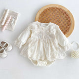 Autumn Arrival Baby Girls Long Sleeves Beige Embroidery Onesies Dress
