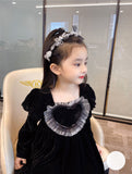 Baby Girls Heart Shape Ruffle Square Neck Long Sleeved Black Princess Dress - MyKids-USA™