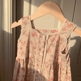Summer Kids Girls French Style Vintage Sleeveless Single Breasted Dress