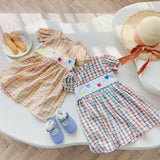 Summer Girls Short Sleeves Colorful Plaid Heart Embroidery Dress
