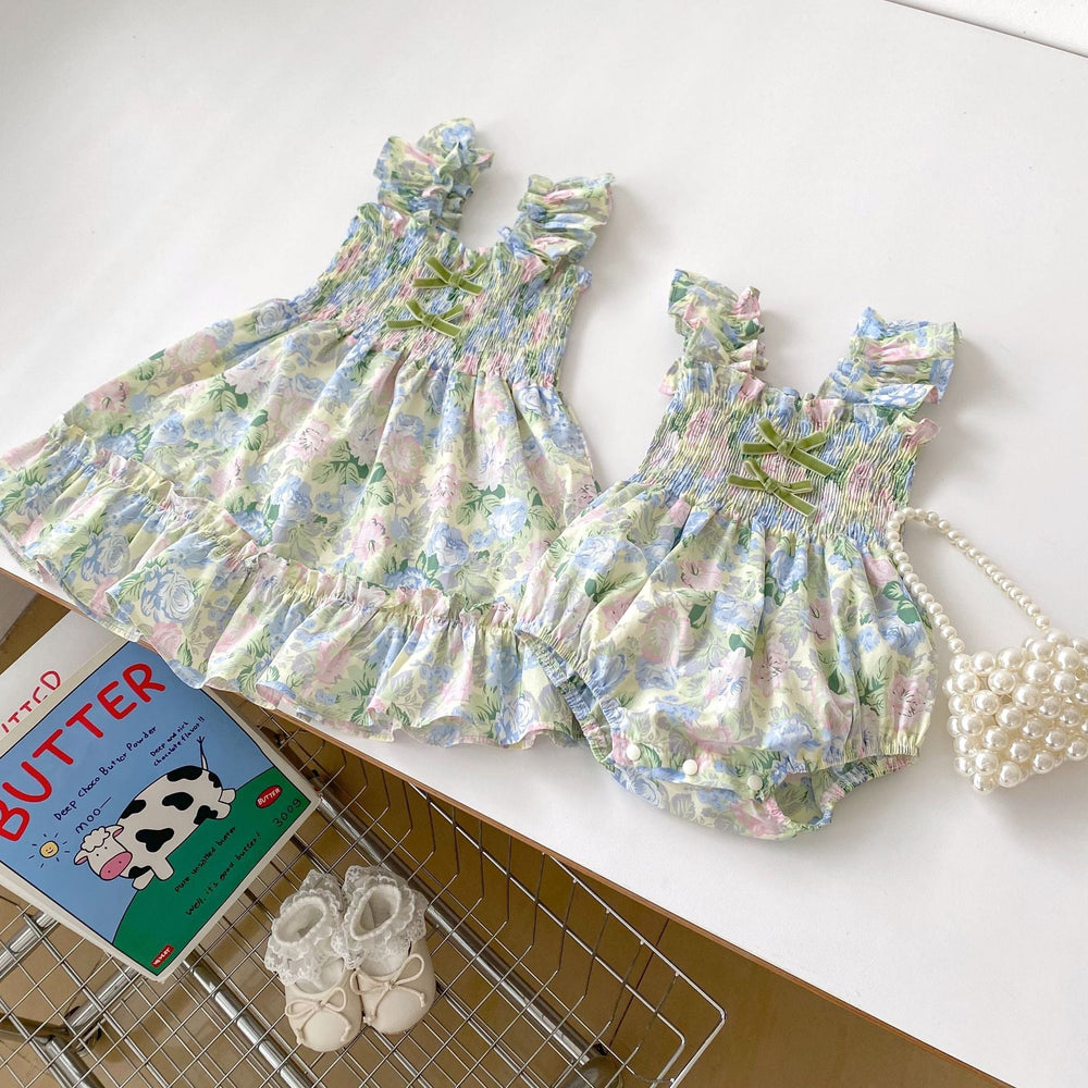 New Design Summer Girls Oil Floral Print Sleeveless Strap Onesies And Dress – Princess Sister Matching Set - MyKids-USA™