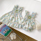 New Design Summer Girls Oil Floral Print Sleeveless Strap Onesies And Dress – Princess Sister Matching Set - MyKids-USA™