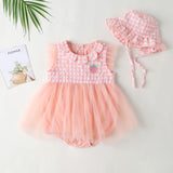 Baby Girl 1pcs Plaid Graphic Strawberry Embroidery Mesh Overlay Floral Neck Dress - MyKids-USA™