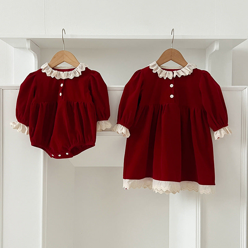 Arrival Autumn Baby Kids Girls Patchwork Lace Trim Long Sleeves Onesies and Dress with Cute Collar – Princess Sister Matching Set - MyKids-USA™