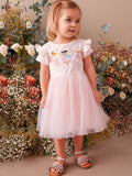 Spring And Summer Baby Girls Short Sleeves Dancers Cartoon Pattern Chiffon Dress