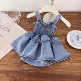 Summer Arrival Baby Girls Cute Sleeveless Denim Pleated Dress Design Strap Onesies - MyKids-USA™