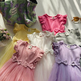 Summer Arrival Sleeveless Solid Color Tulle Patchwork Dress for Stylish Girls