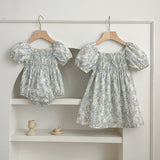 New Design Summer Girls Square Neck Short Puff Sleeves Floral Print Onesies And Dress – Princess Sister Matching Set