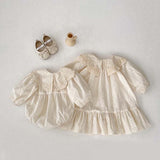 New Arrival Spring Baby Kids Girls Ruffle Collar Long Sleeves Floral Embroidery Onesies And Dress – Princess Sister Matching Set
