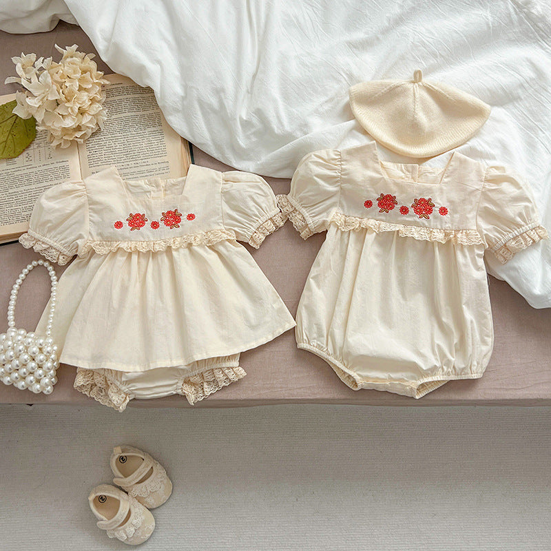 New Arrival Summer Baby Kids Girls Flowers Pattern Embroidery Short Sleeves Square Neck Dress And Bloomers Sets And Onesies – Princess Sister Matching Set - MyKids-USA™