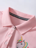 Summer Unicorn Logo Short-sleeved Pink Dress with Turn-down Collar for Stylish Girls