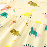 Summer Pure Cotton Colorful Rainbow and Dinosaur Pattern Short Sleeves Yellow Dress for Stylish Girls