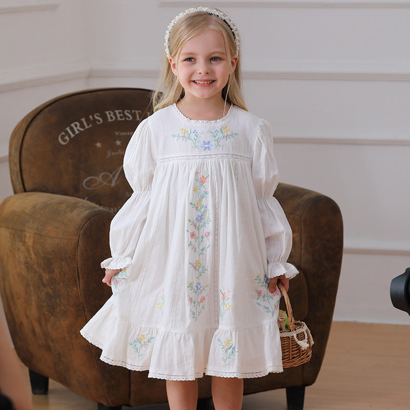 Spring and Autumn Vintage Flowers Embroidered Long-sleeved Dress for Stylish Girls - MyKids-USA™