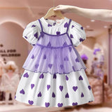 Summer Kids Girls Short Sleeves Heart Print Sweet Mesh Princess Dress