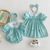 Design Summer Girls Flowers Pattern Short Sleeves Hollow Out Collar Onesies And Dress – Sister Matching Clothing Set