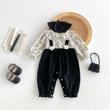 Autumn Arrival Baby Kids Girls Flowers Pattern Long Sleeves Top and Black Overalls Strap Onesies Patchwork Casual Outfits Clothing - MyKids-USA™
