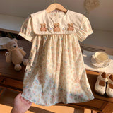 Summer Baby Kids Girls Short Sleeves Crew Neck Teddy Bear Pattern Floral Dress