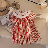 Summer Baby Kids Girls Short Sleeves Embroidered Collar Cartoon Rabbits Pattern Dress