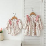 Arrival Autumn Pink Floral Print Baby Kids Girls Crew Neck Onesies and Dress – Princess Sister Matching Set
