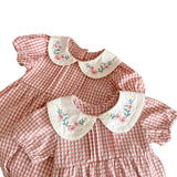 Summer Girls Flowers Embroidery Collar Plaid Onesies And Girls’ Dress – Princess Sister Matching Set