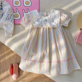 Summer Arrival Baby Kids Girls Short Sleeves Boats Pattern Embroidered Striped Dress