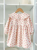 Spring and Autumn Stylish Floral Print Long-sleeved Dress with Collar for Girls