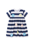 Spring And Summer Baby Girls Navy Blue Striped Floral Short Sleeves Dress - MyKids-USA™