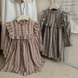 Spring and Autumn French Print Ruffle Stand Collar Long-sleeved Dress for Stylish Girls