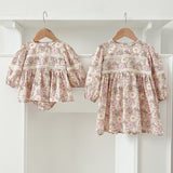 New Design Autumn Floral Print Baby Kids Crew Neck Patchwork Onesies And Dress – Princess Sister Matching Set