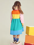 New Arrival Autumn Girls Long Sleeves Rainbow Color Patchwork Crew Neck Dress