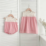 Summer Girls Floral Embroidery Lace Patchwork Sleeveless Onesies And Girls’ Dress – Princess Sister Matching Set
