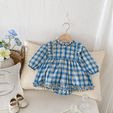 Autumn Arrival Baby Girls Long Sleeves Floral Plaid Ruffle Neck Onesies Dress