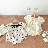 Summer Hot Selling Baby Girls Short Sleeves Square Neck Rabbits/Polka Dots Print Onesie