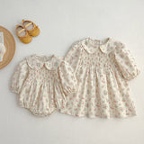 New Arrival Autumn Floral Print Baby Kids Peter Pan Collar Onesies And Girls’ Dress – Princess Sister Matching Set