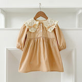 Autumn Bows Pattern Design Long Sleeve Daisy Flowers Embroidery Collar Onesies And Dress