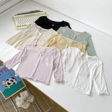 Summer New Arrival Baby Kids Girls Breathable Thin V Neck Long Sleeves Single Breasted Ruffle Trim Shirt