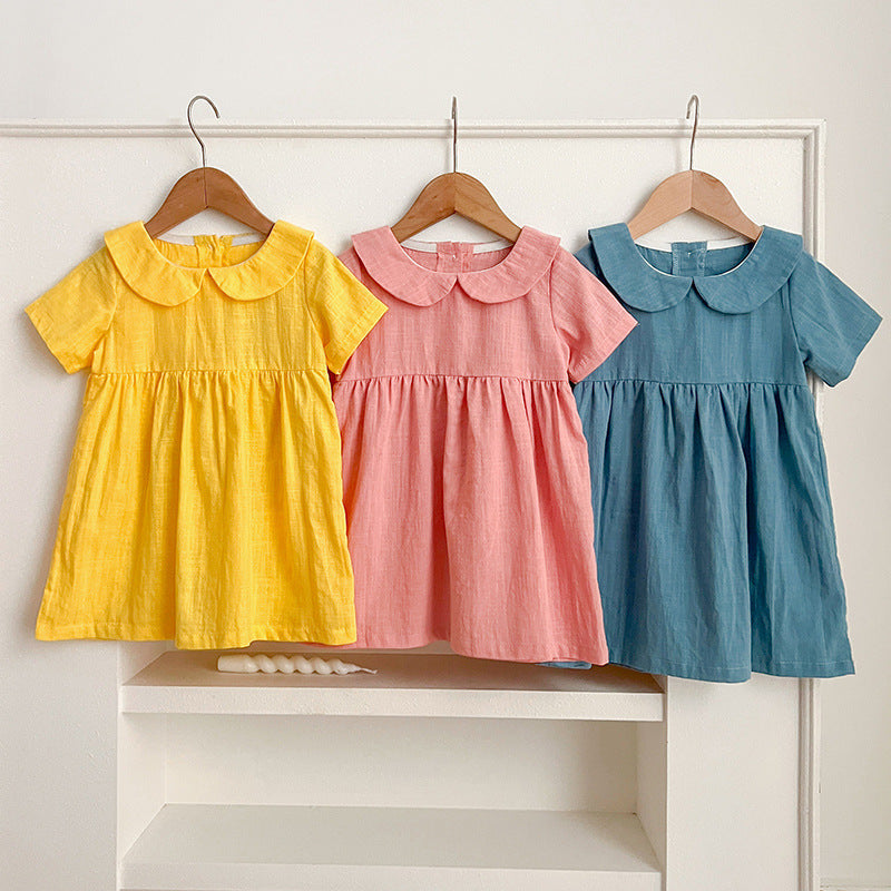 Summer Hot Selling Girls’ Solid Color Short Sleeves Peter Pan Collar Cotton Comfy Dress - MyKids-USA™