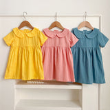 Summer Hot Selling Girls’ Solid Color Short Sleeves Peter Pan Collar Cotton Comfy Dress - MyKids-USA™